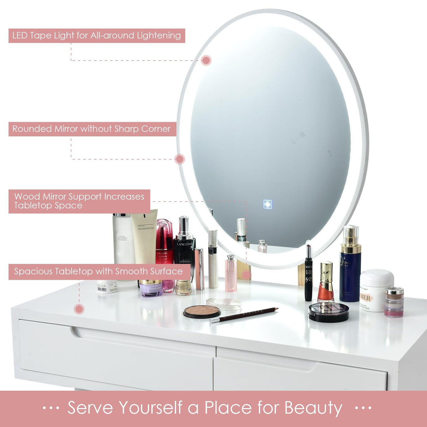 Dressing Table with 3-Color LED Lights Oval Mirror and Stool