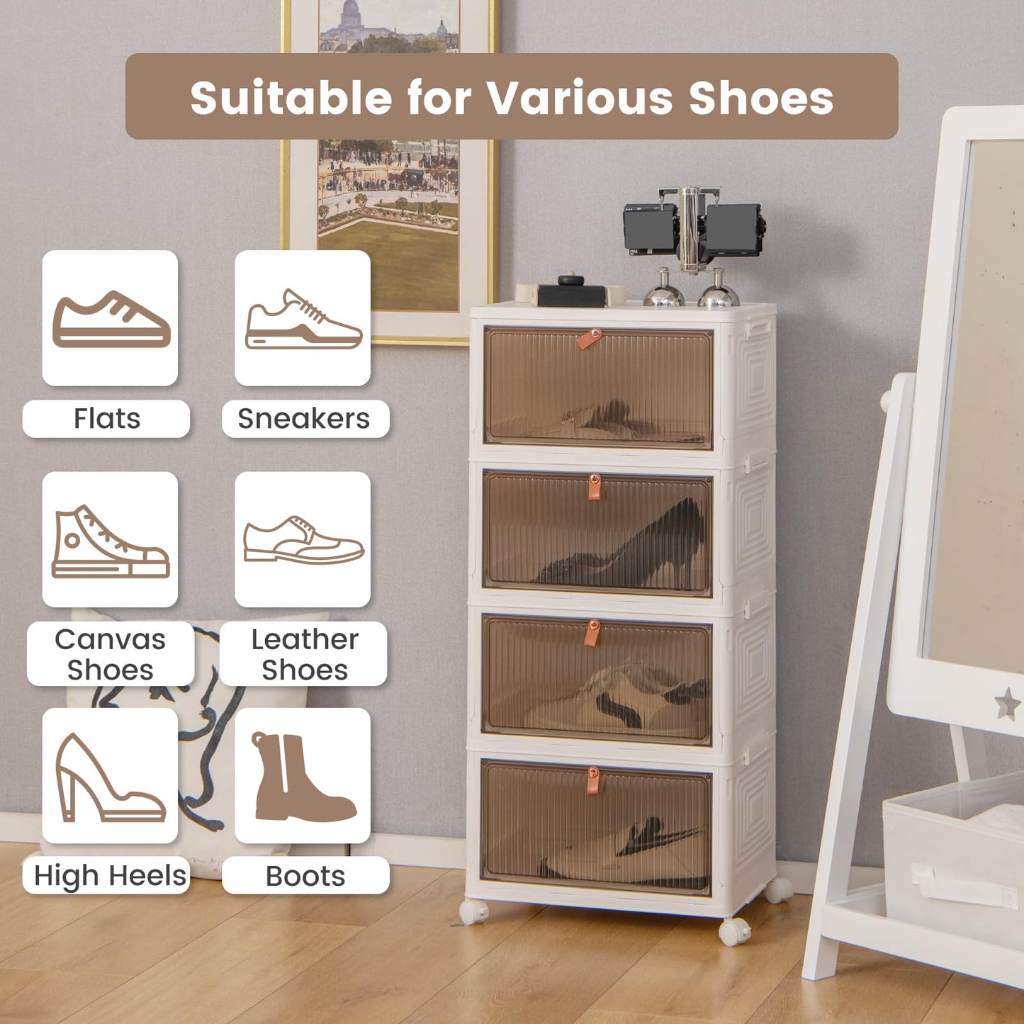 4-Tier Stackable Shoe Storage Box with Lockable Wheels