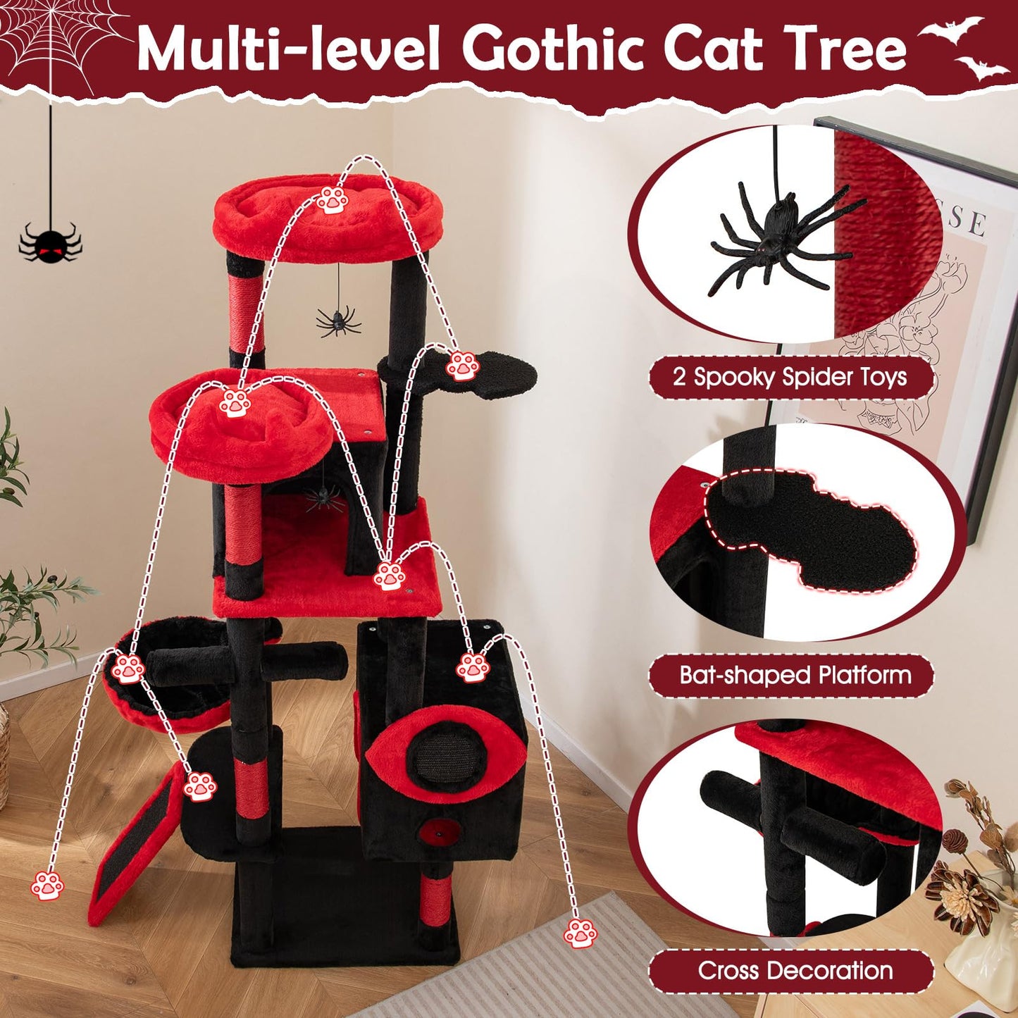Gothic Cat Tree for Indoor Cats with 2 Cat Condos and 2 Plush Perches