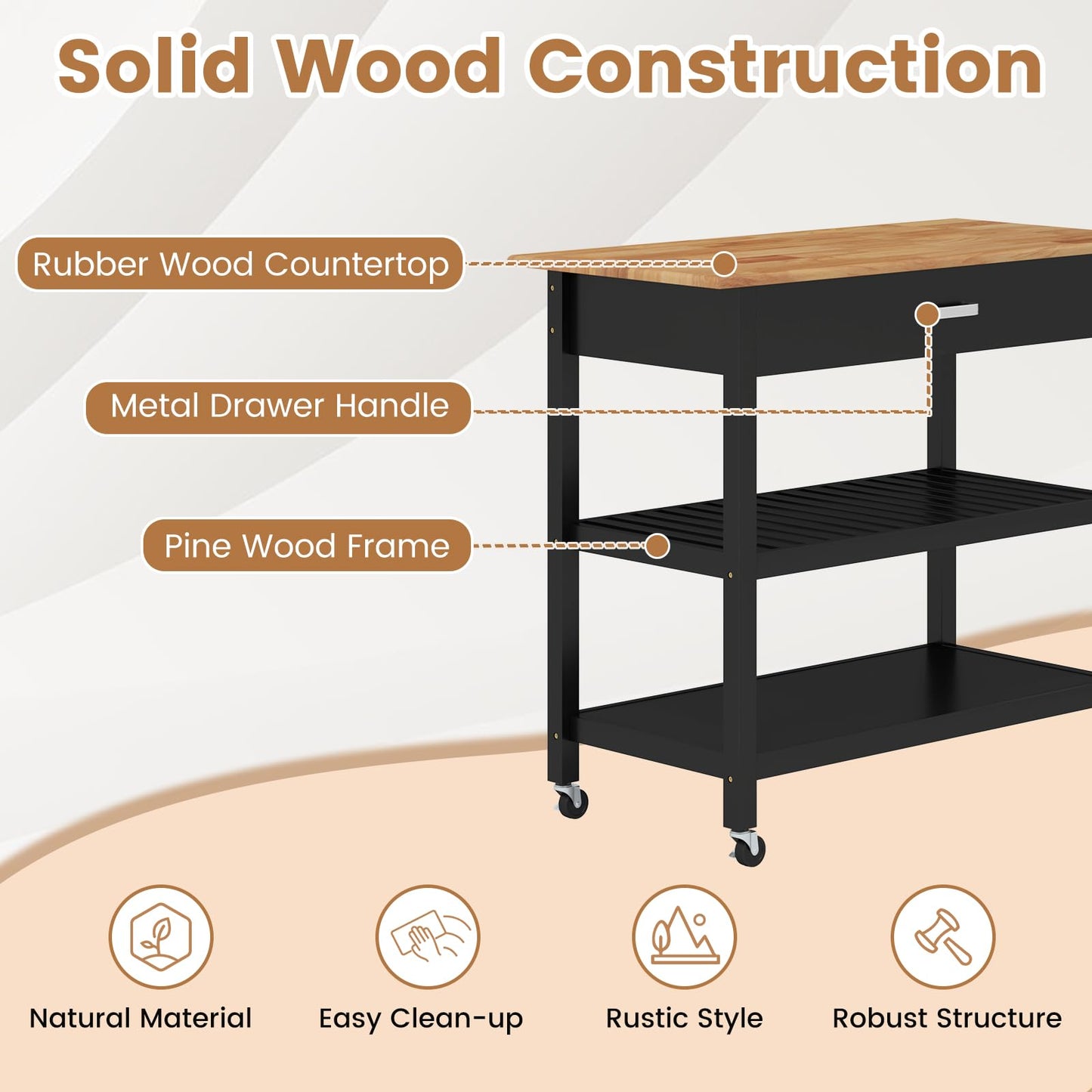 Kitchen Island with Open Shelves and Lockable Casters