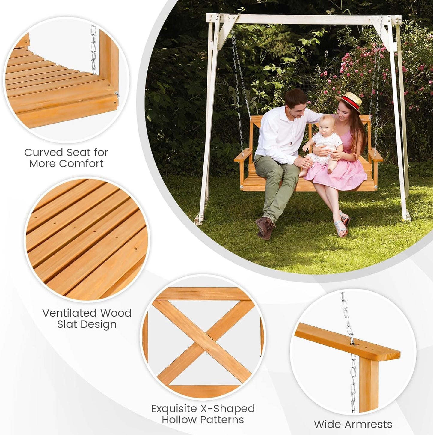 Solid Wood Patio Swing Bench Loveseat Chair with Stand Frame