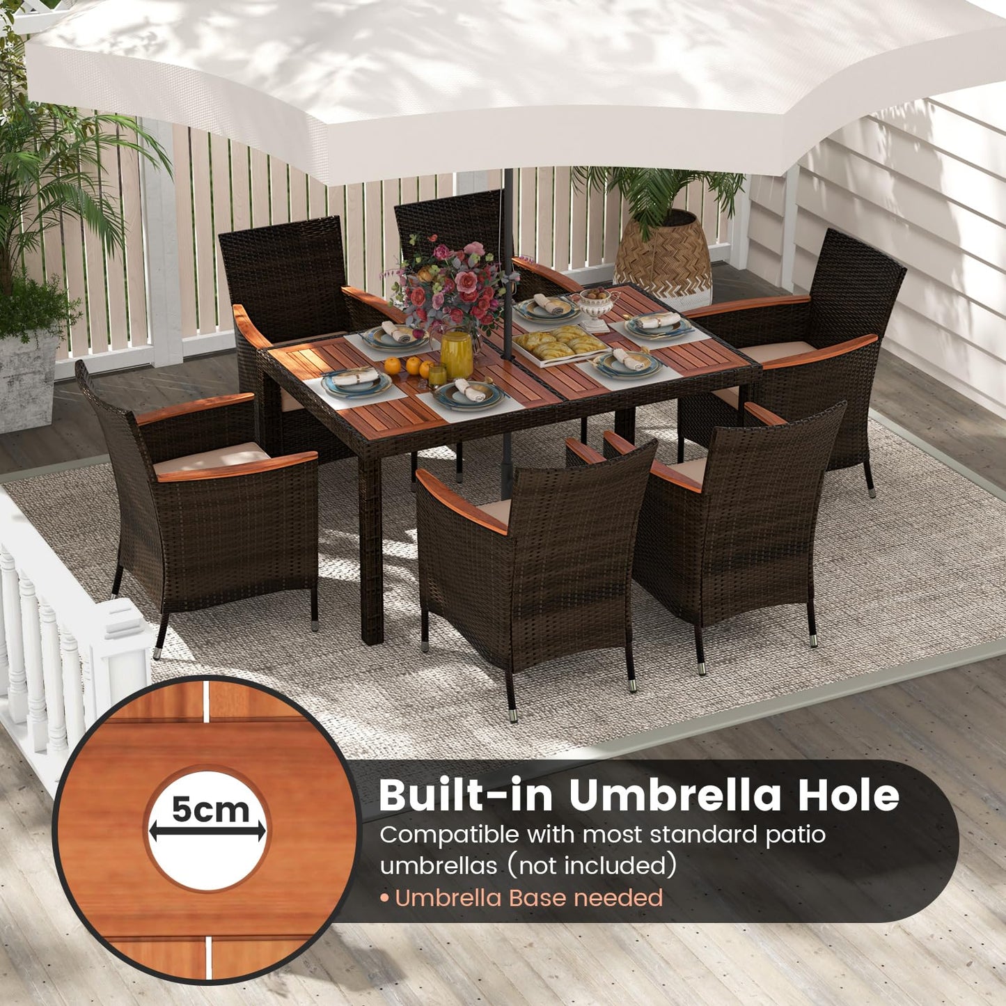 7 Pieces Patio Wicker Dining Set Acacia Wood Table and 6 Stackable Chairs