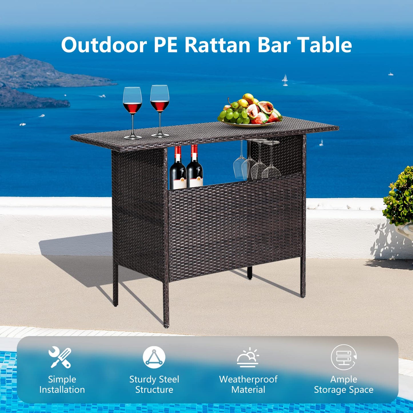All Weather Wicker Bar Counter Table with 2 Metal Mesh Shelves