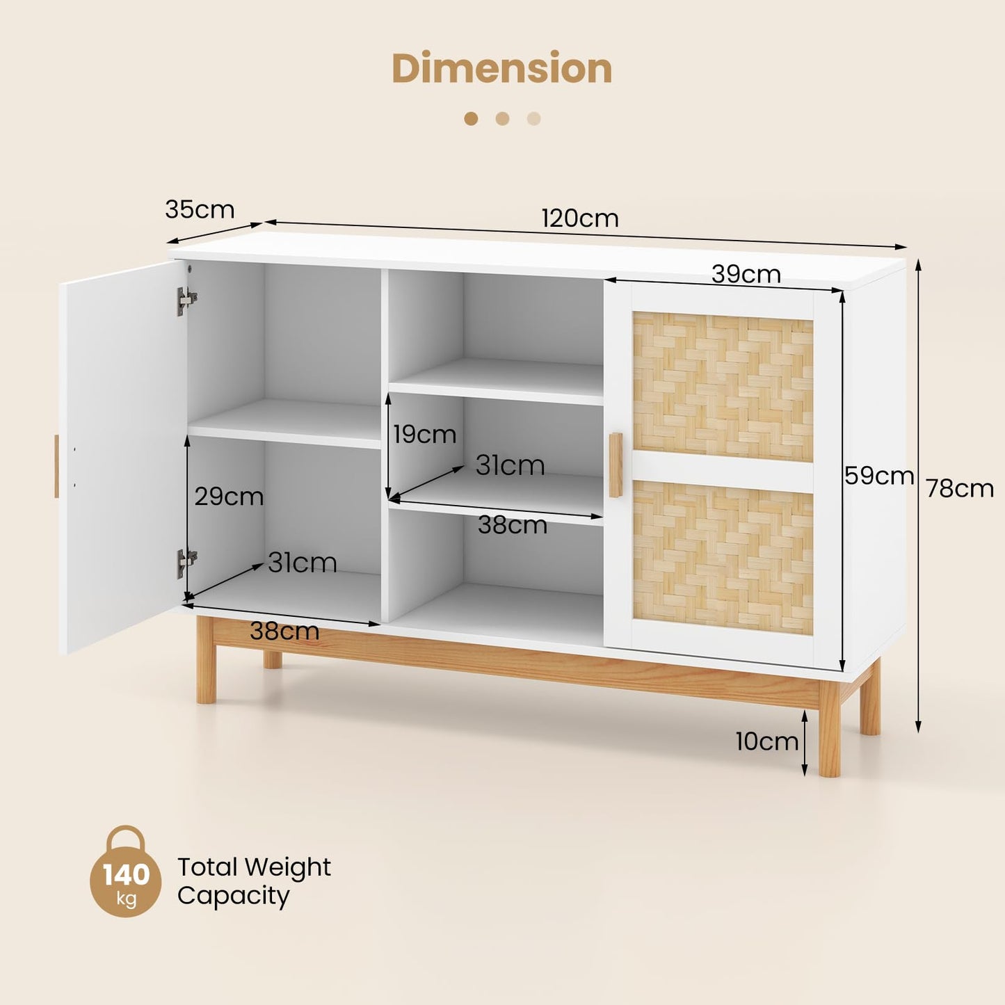 120 CM Sideboard Buffet Cabinet with 2 Bamboo Woven Doors and 3 Open Shelves