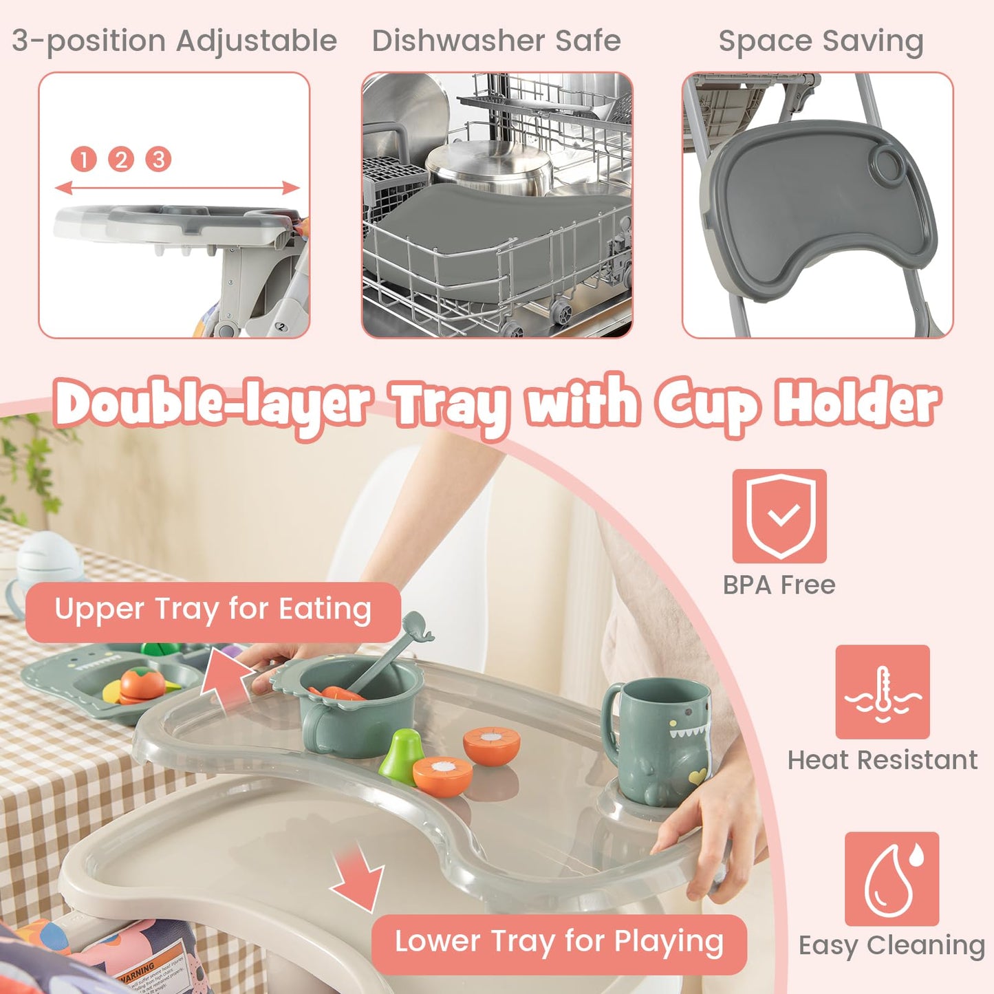 Height Adjustable Feeding High Chairs with Removable Tray