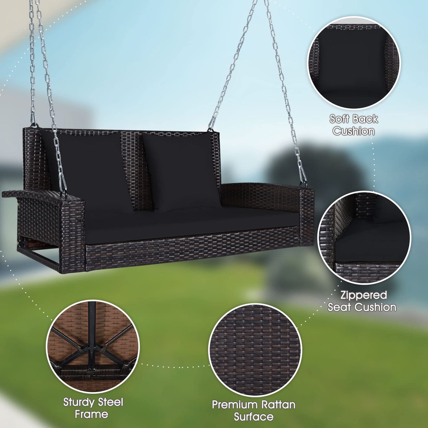 2-Seat Patio Rattan Porch Swing with Two Solid Steel Chains