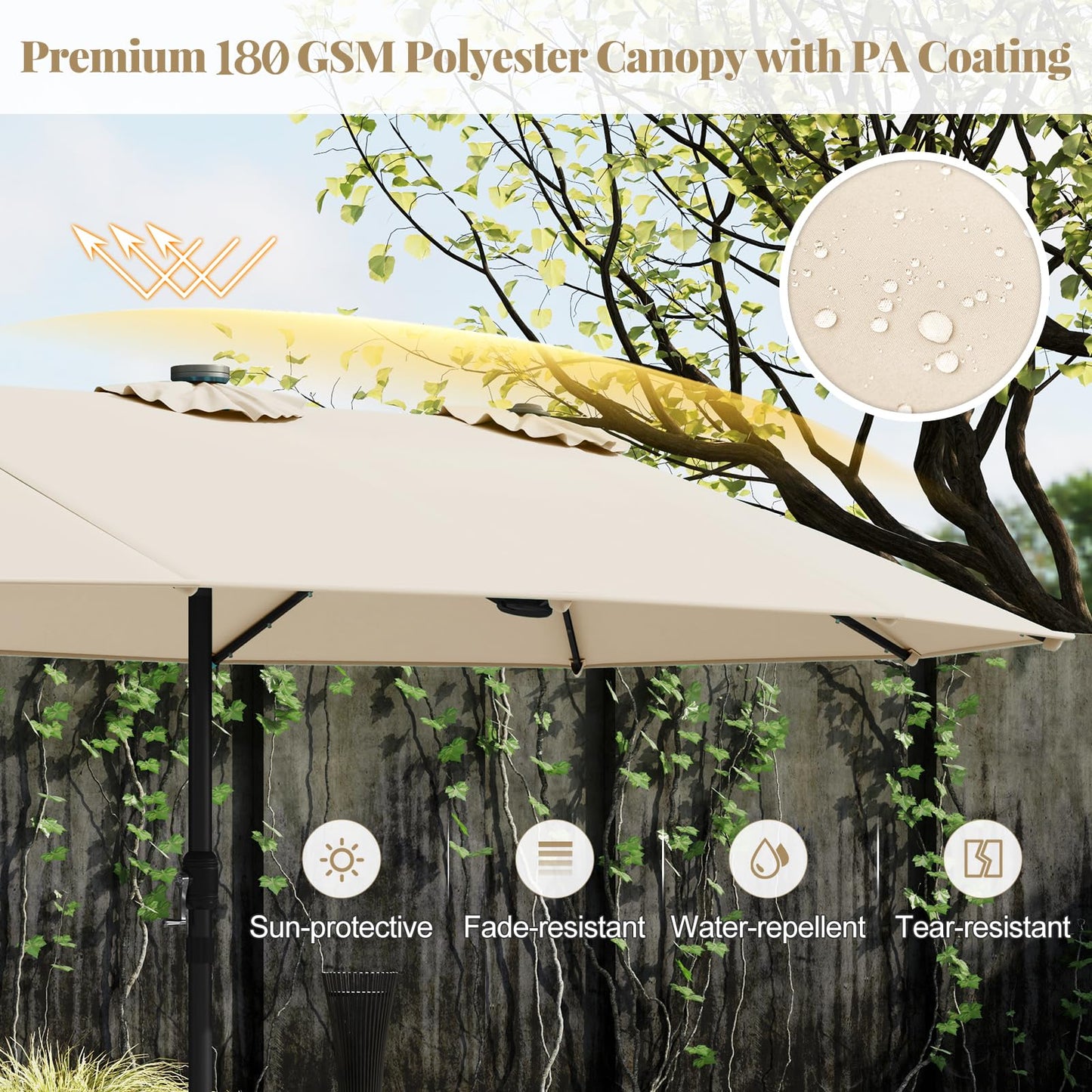 4.5m Double-Sided Parasol with Base and 48 Solar LED Lights