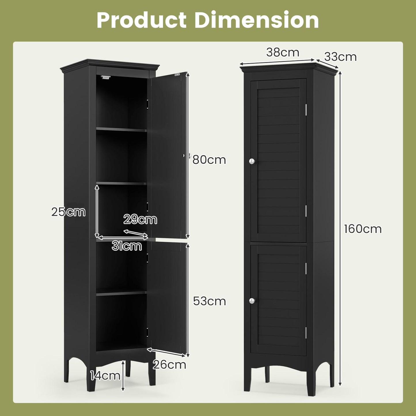 Freestanding Tall Bathroom Floor Cabinet with Adjustable Shelf and 2 Doors