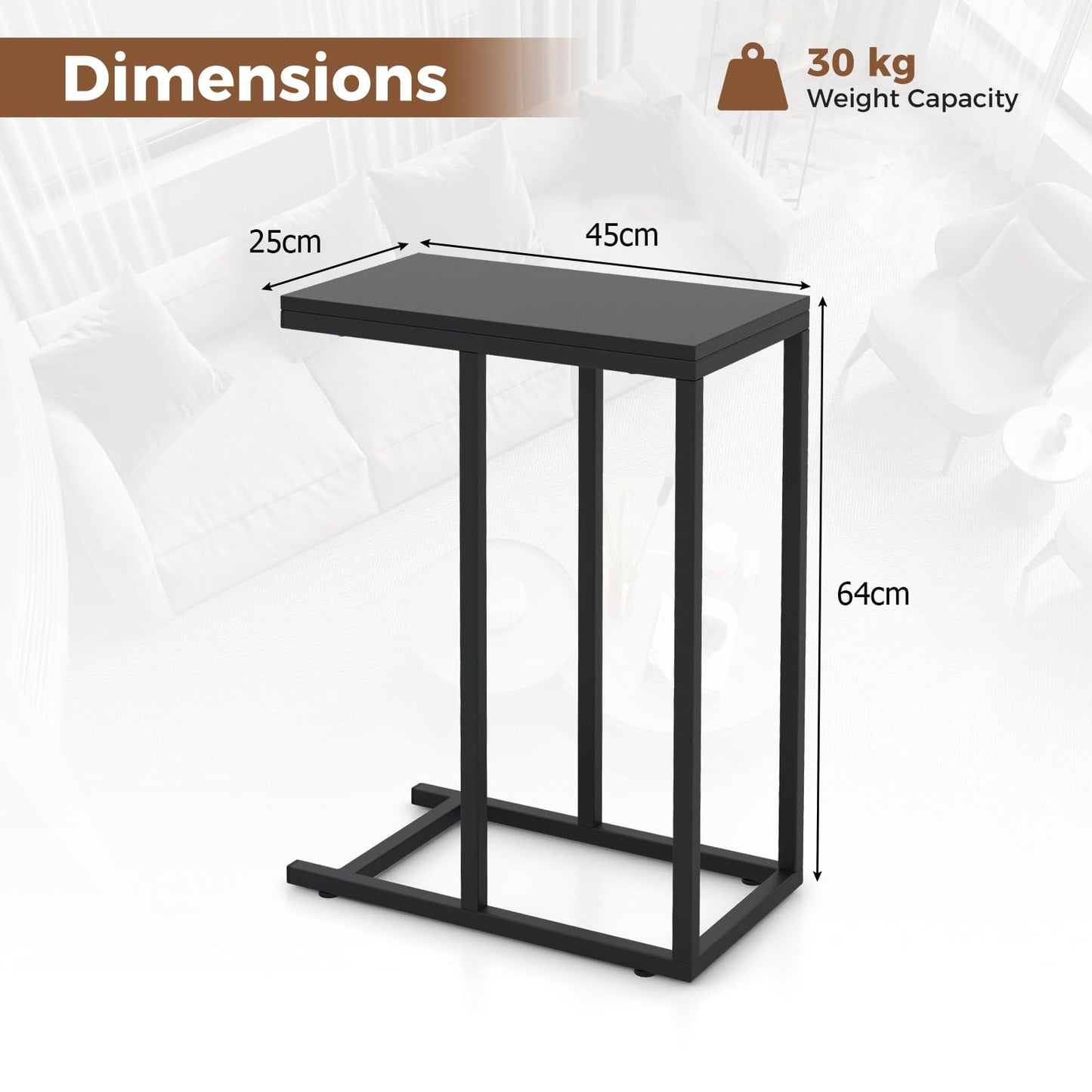 C Shaped End Table for Couch and Bed with Metal Frame