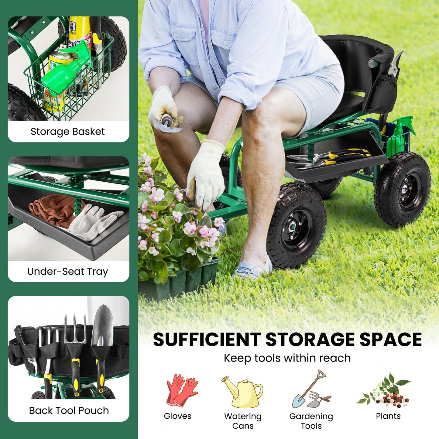 Outdoor Gardening Planting Station Trolley with Swivel Seat