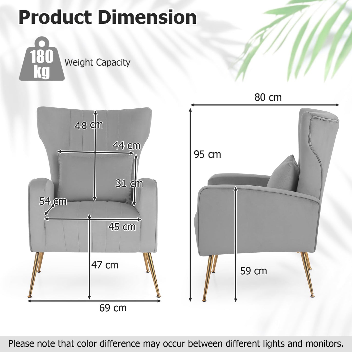 Velvet Upholstered Wingback Chair with Lumbar Pillow and Golden Metal Legs
