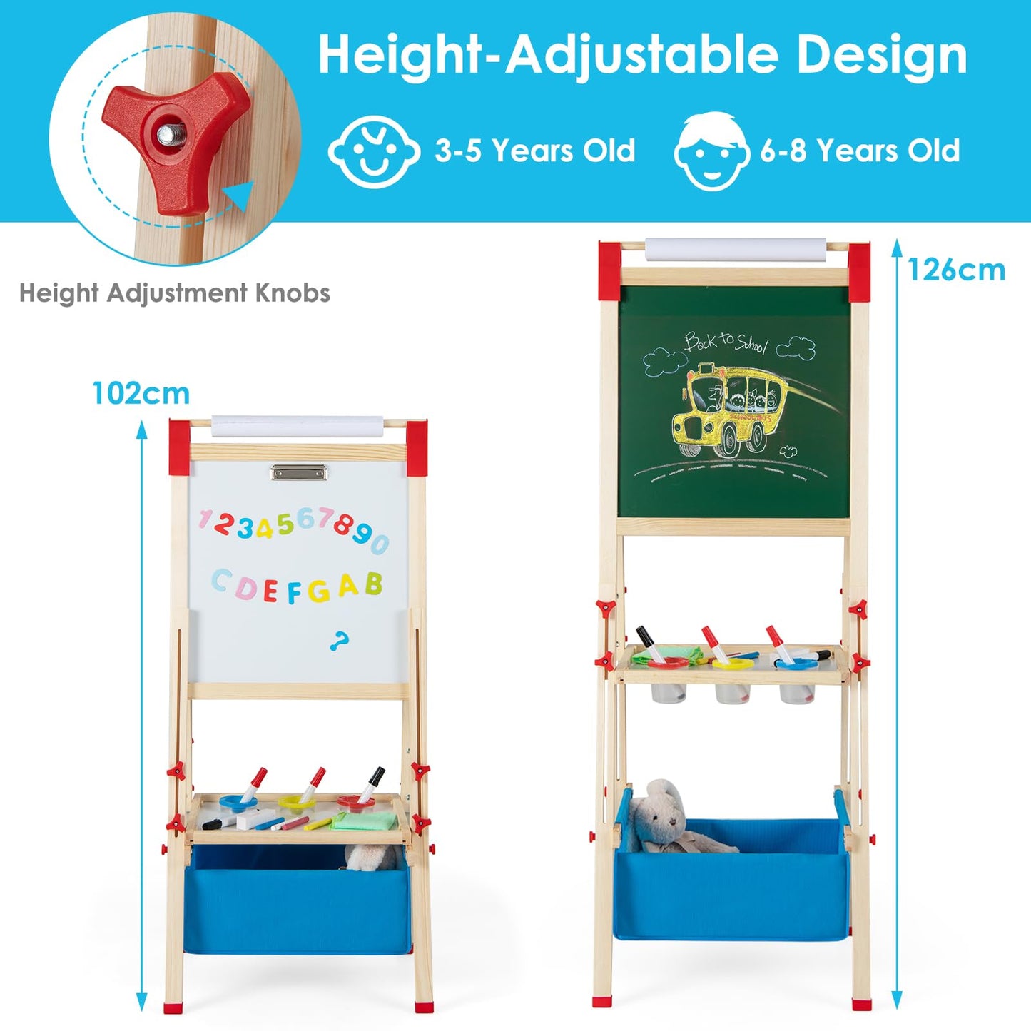Adjustable Height Double Sided Easel with Magnetic Chalkboard for Toddlers