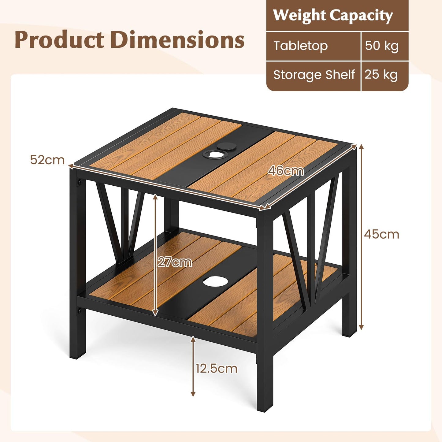 Outdoor Side Table with 4 CM Umbrella Hole and Storage Shelf
