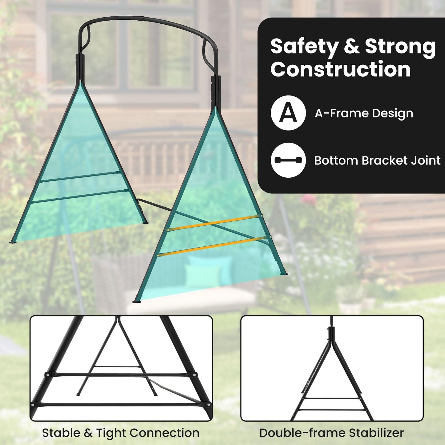 Outdoor Metal Swing Frame Sturdy A-Shaped Porch Swing Stand with Extra Side Bars