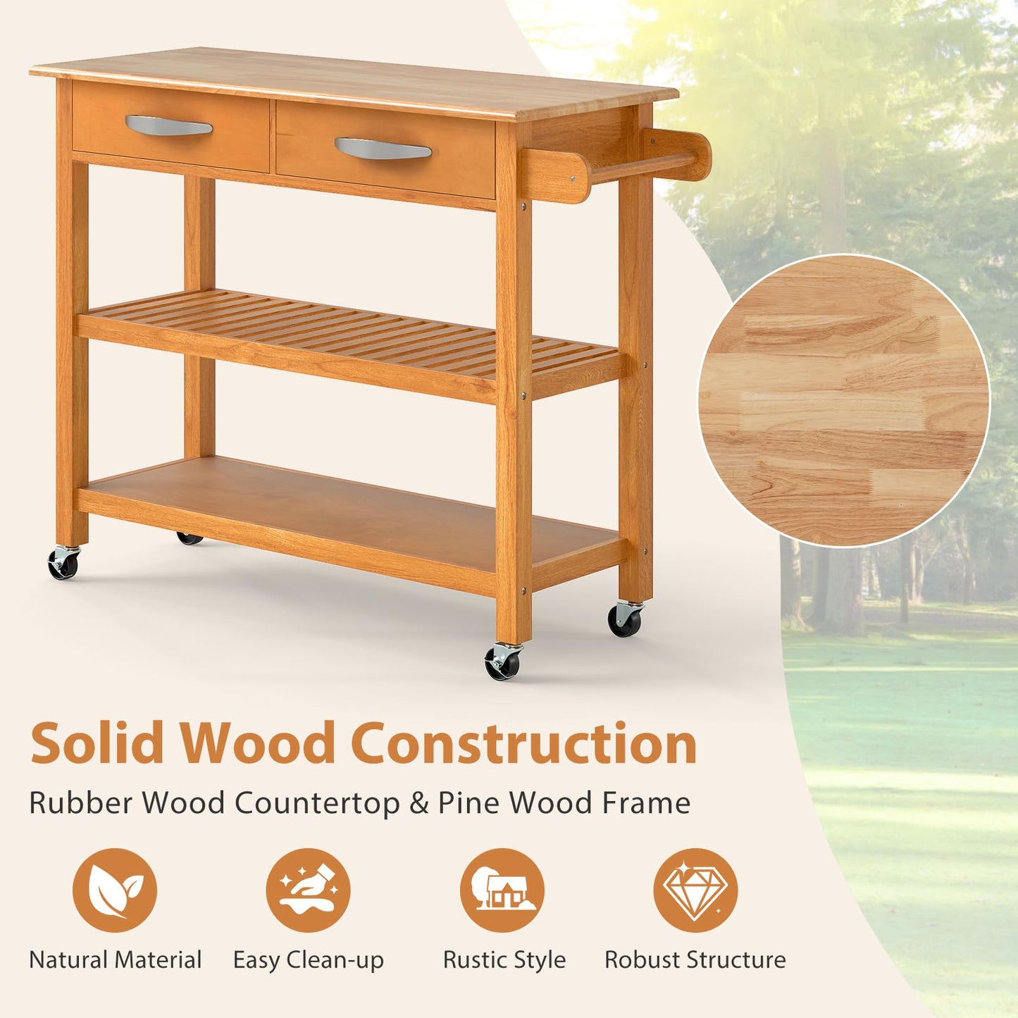 Kitchen Island with Storage 3-Tier Rolling Utility Cart with Wood Countertop