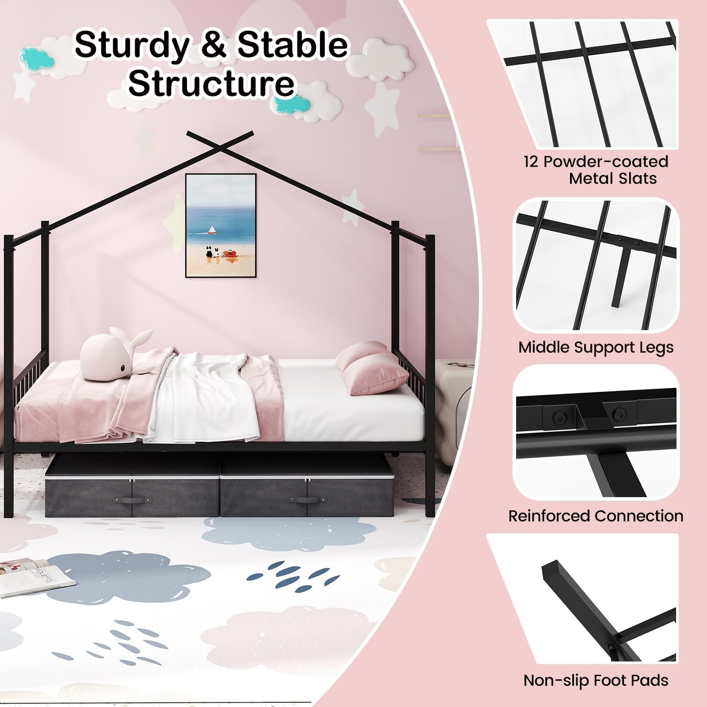 Double Size House Bed with 2 Drawers No Box Spring Needed