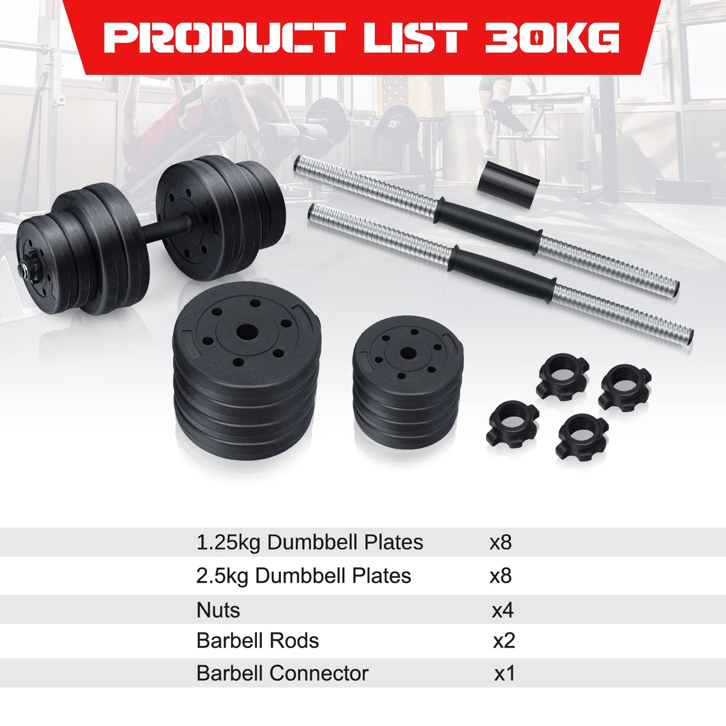 Adjustable Weight 2 in 1 Dumbbell/Barbell Set 30KG
