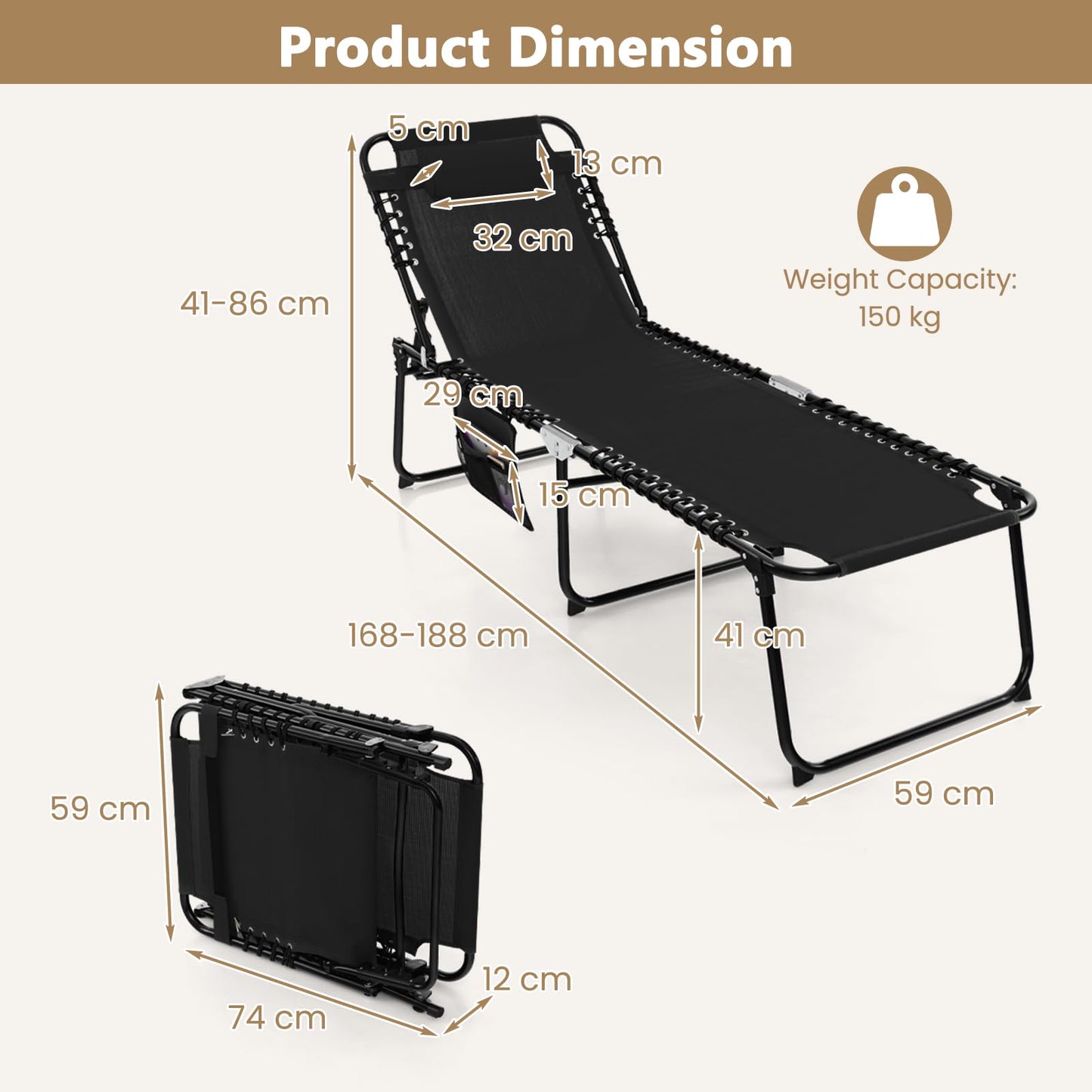 4-Level Adjustable Garden Reclining Chaise Lounge Chair Sunbed with Pillow & Side Pocket