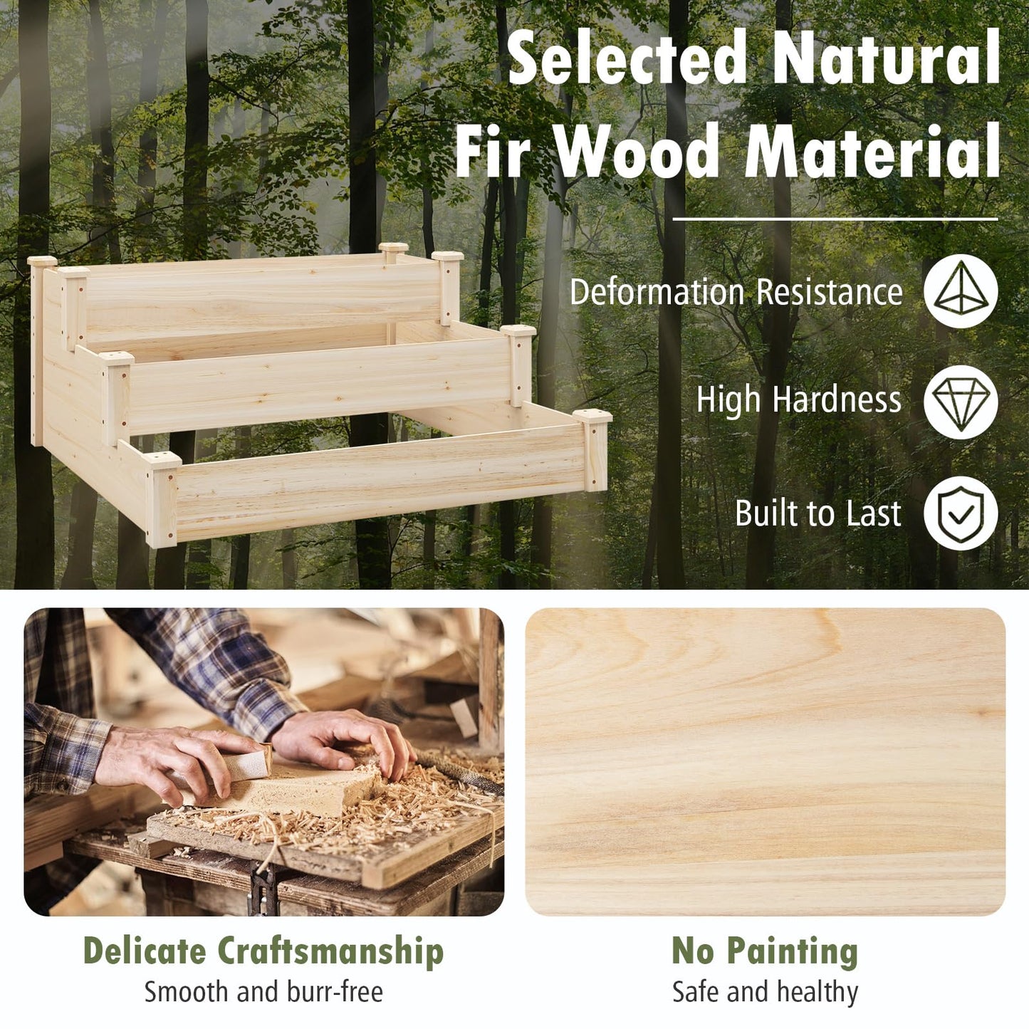 3-tier Fir Wood Raised Garden Bed with Open-ended Base