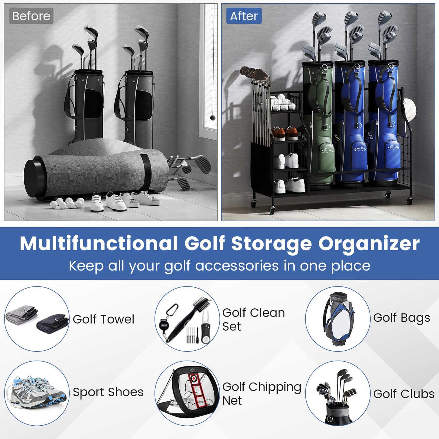 3 Golf Bag Stand for Clubs with Lockable Wheels and Removable Hooks