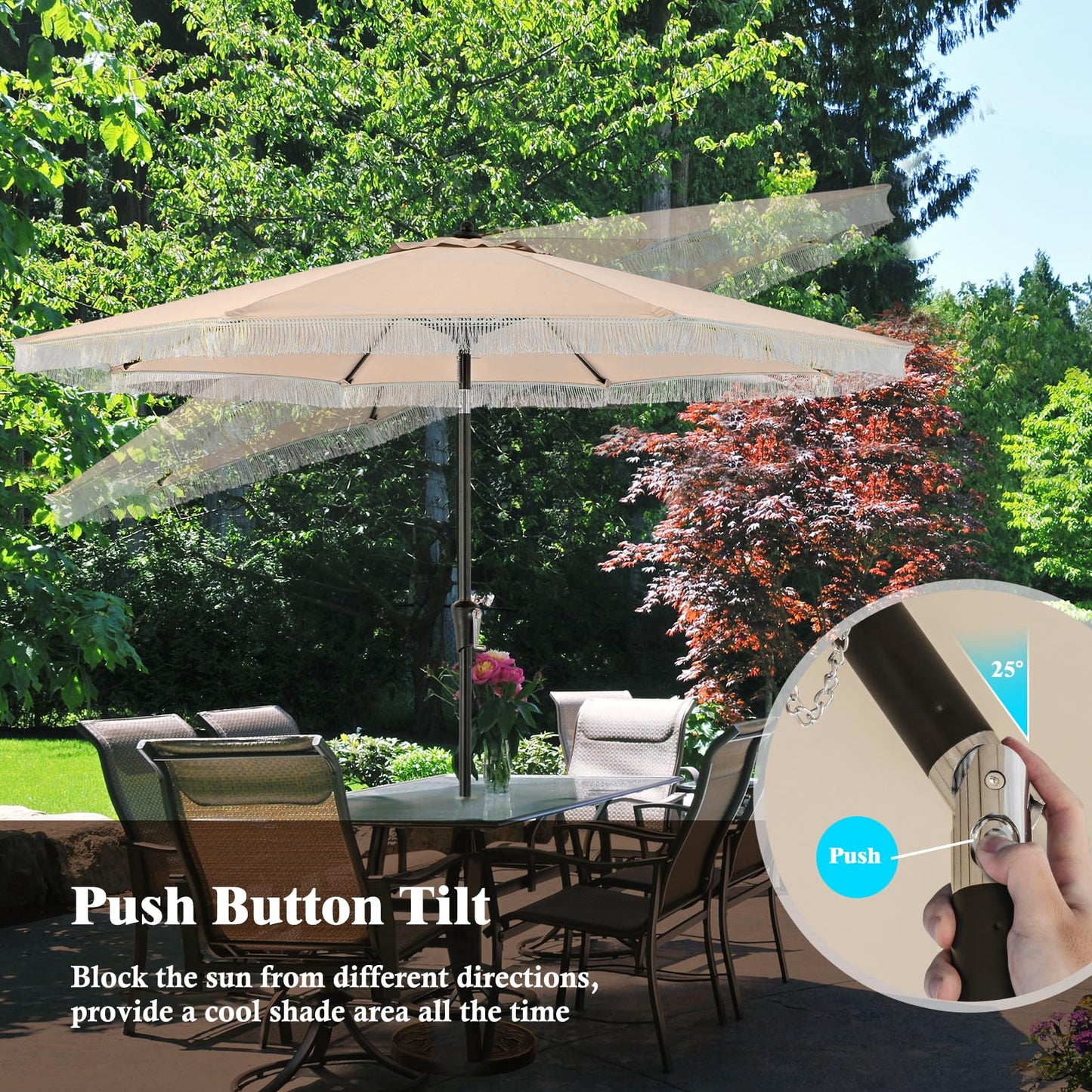 9FT Garden Parasols with Fringe with Push Button Tilt