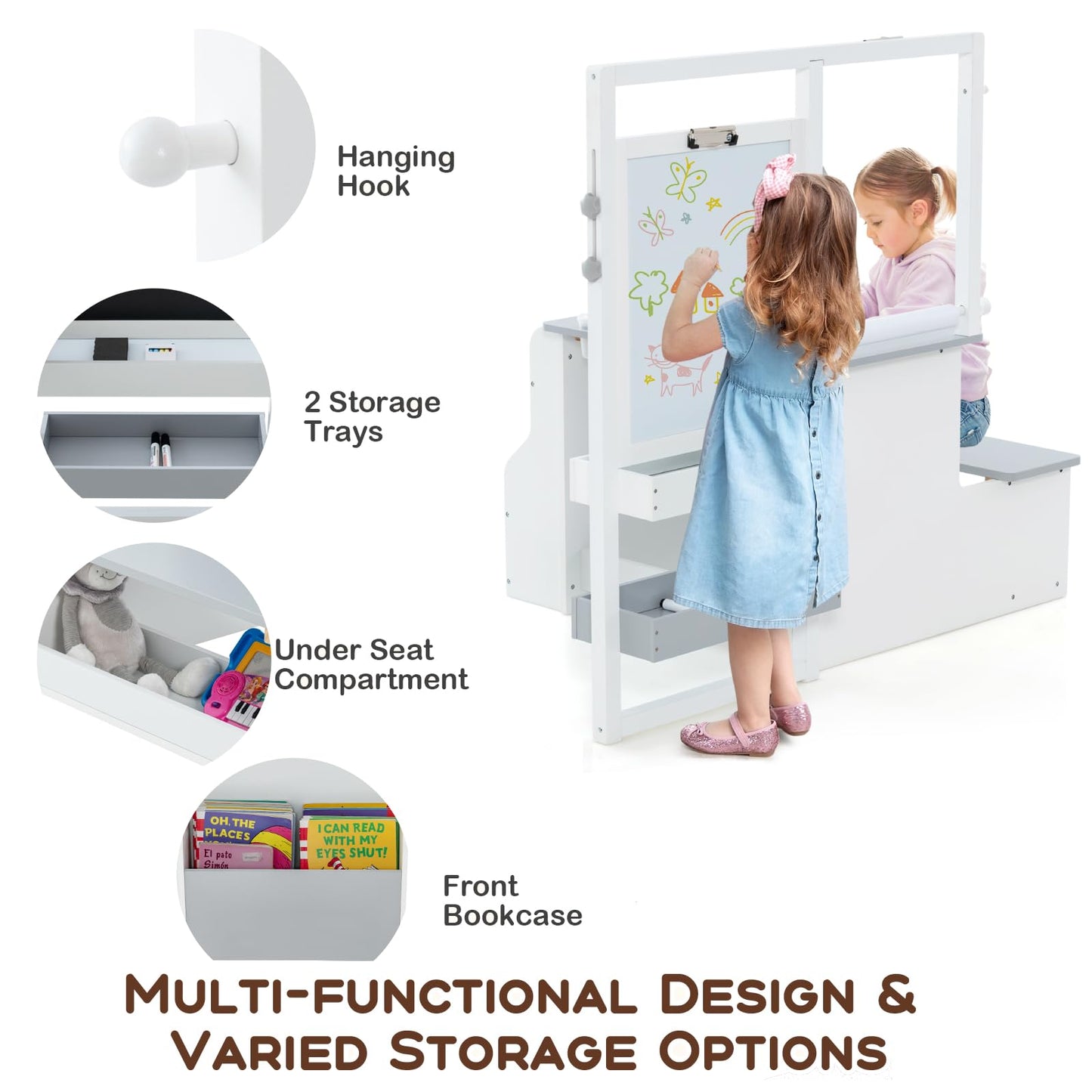 Kids Art Easel Table and Bench Set with Adjustable Easel and Bookshelf