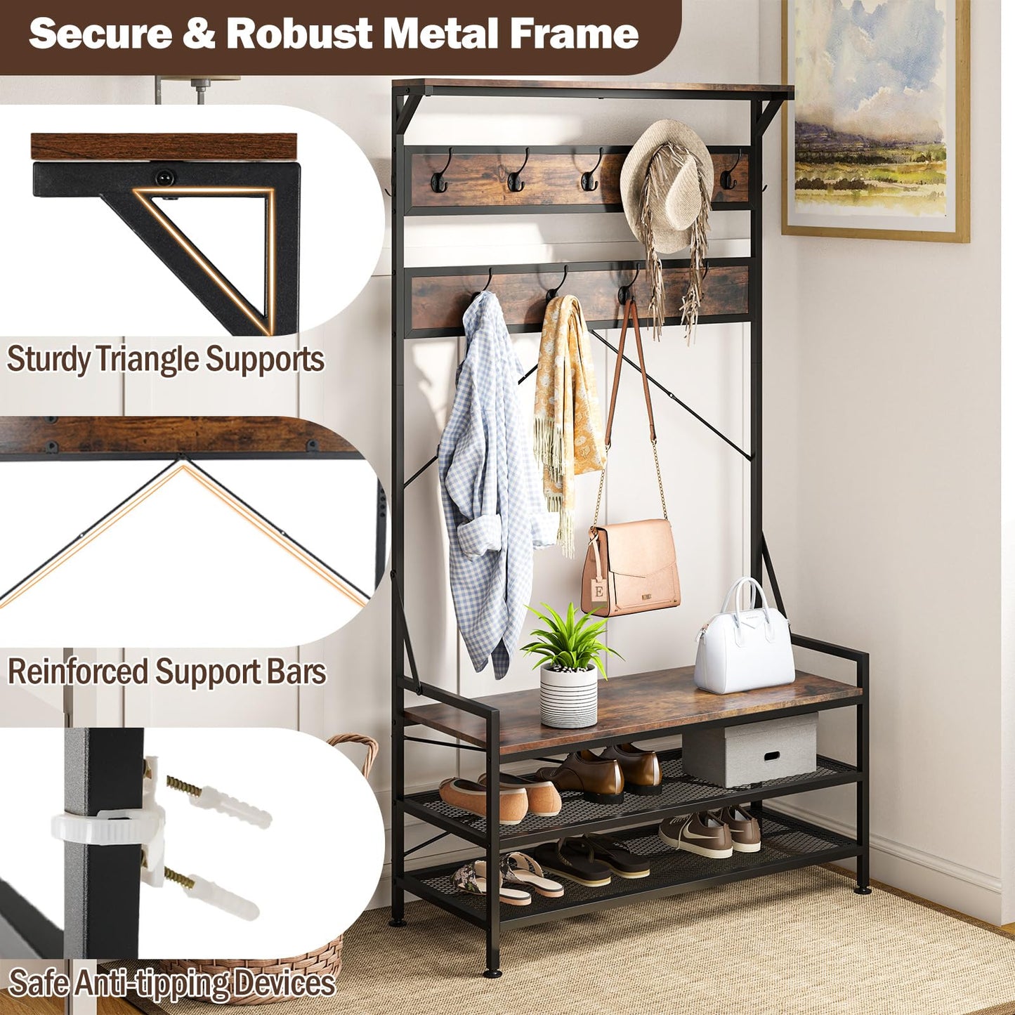4 In 1 Coat Rack with 11 Hanging Hooks and Shoe Bench for Mudroom
