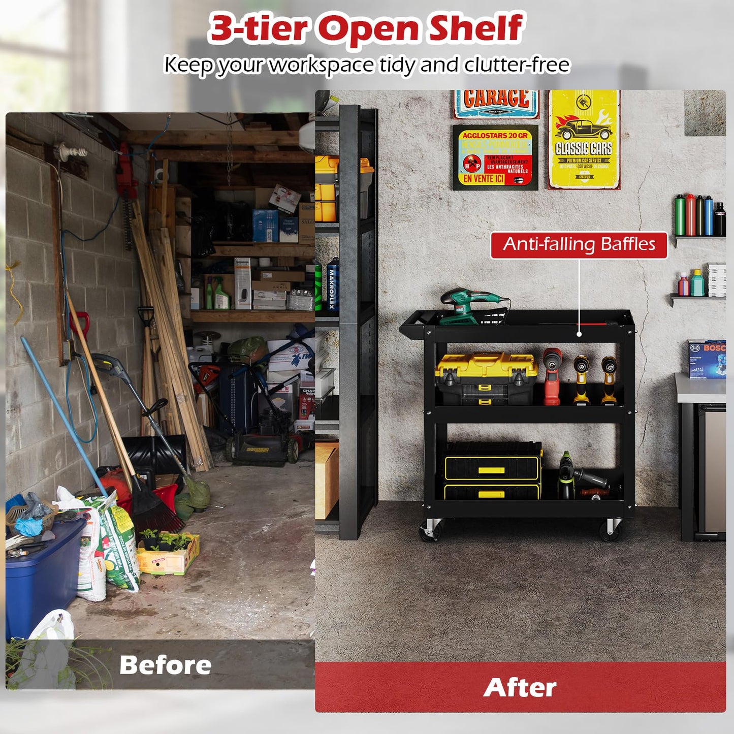 3-Tier Tool Trolley with Handle and Lockable Wheels