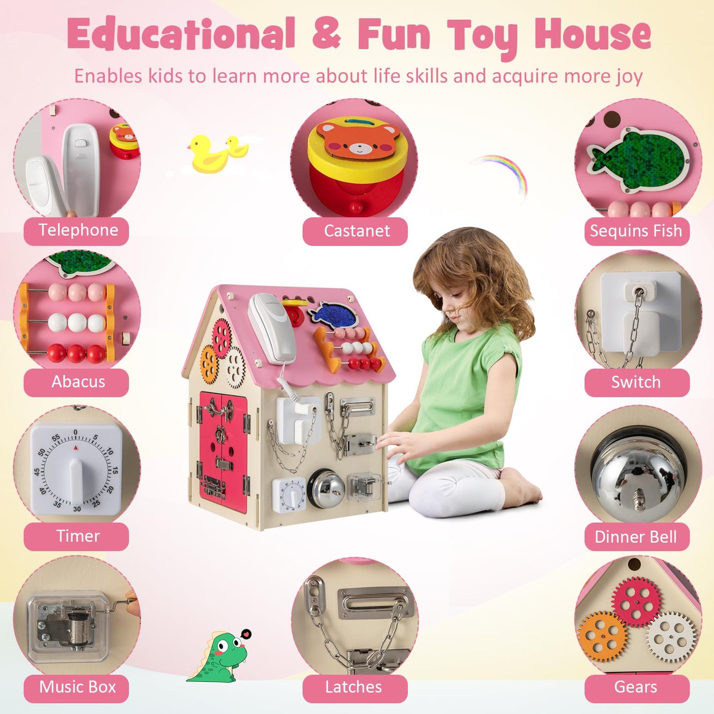 Wooden Busy House Toddler Learning Toy with Music Box
