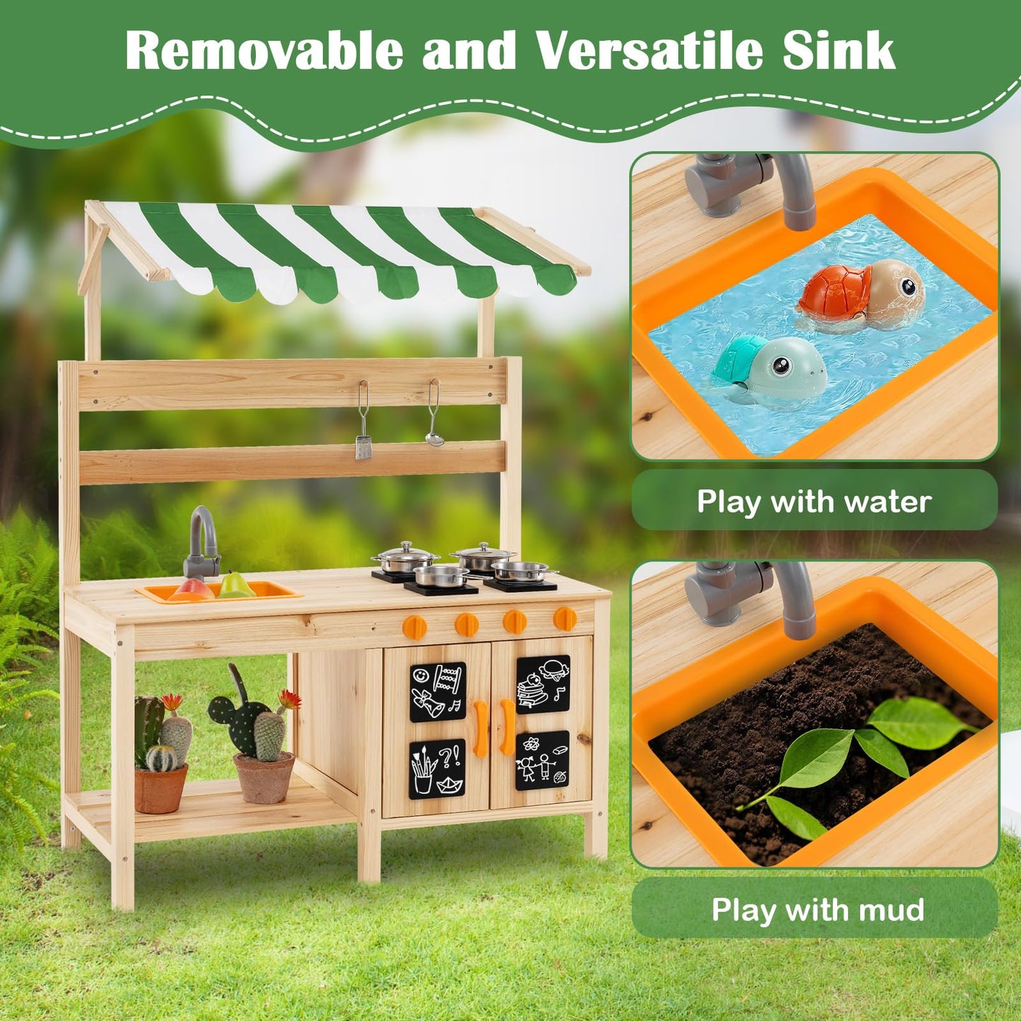 Wooden Outdoor Kitchen Playset with 4 Stoves