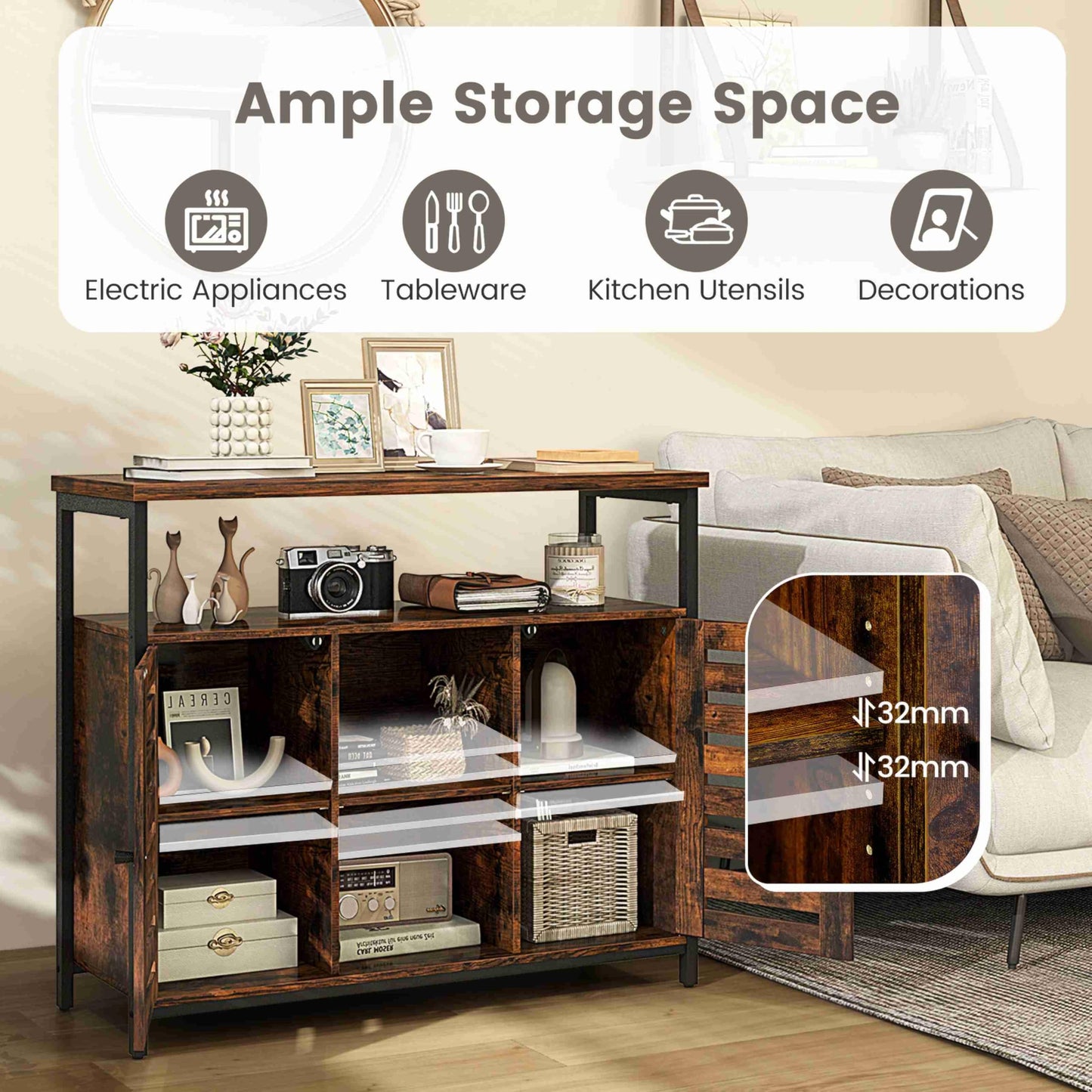 Sideboard Storage Cabinet with Slatted Door and 3 Adjustable Shelves