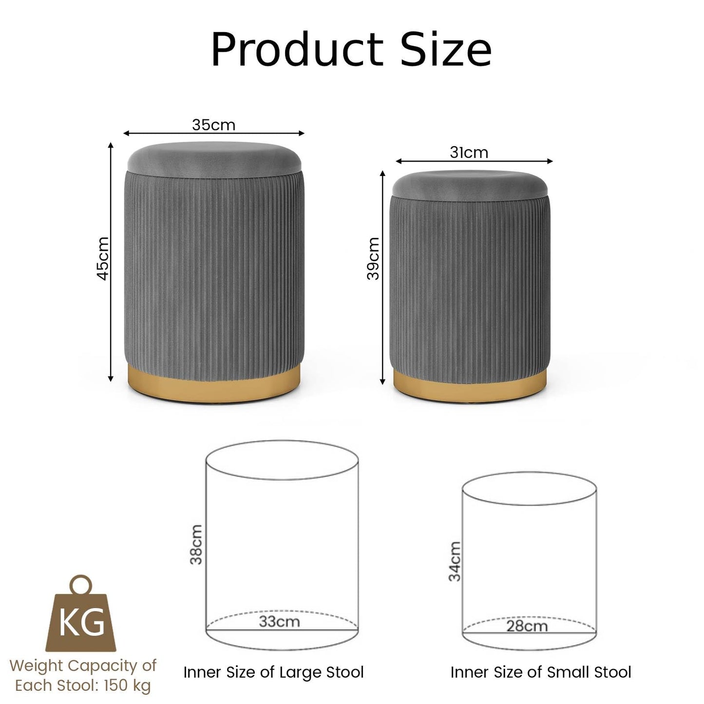 Velvet Storage Ottoman Set of 2 with Gold Stainless Steel Hoop