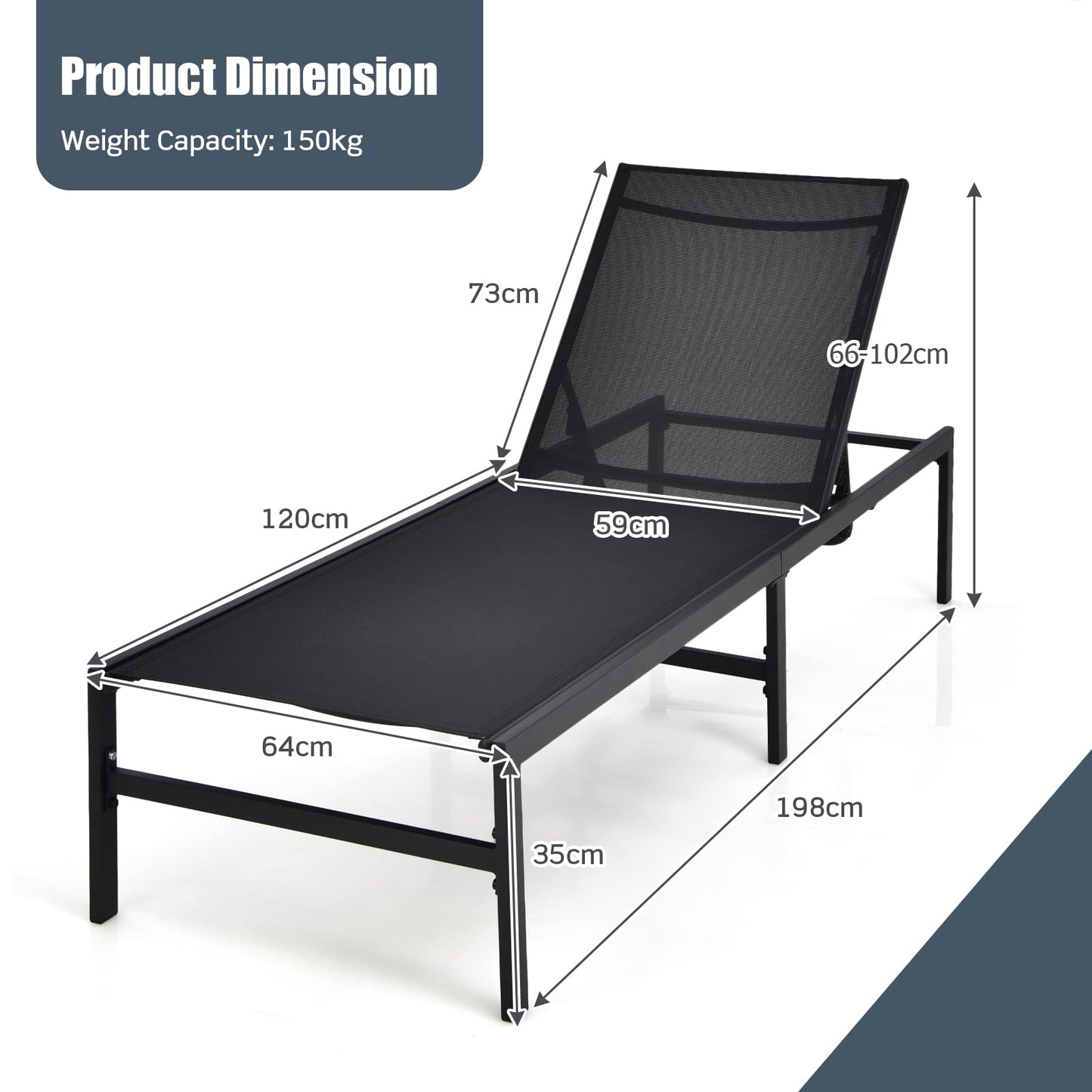 6 Positions Adjustable Garden Chaise Lounge Reclining Deck Sunbed