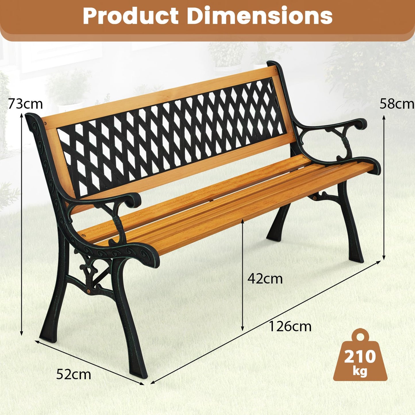 126cm Patio Garden Bench with Curved Armrests and Appealing Back