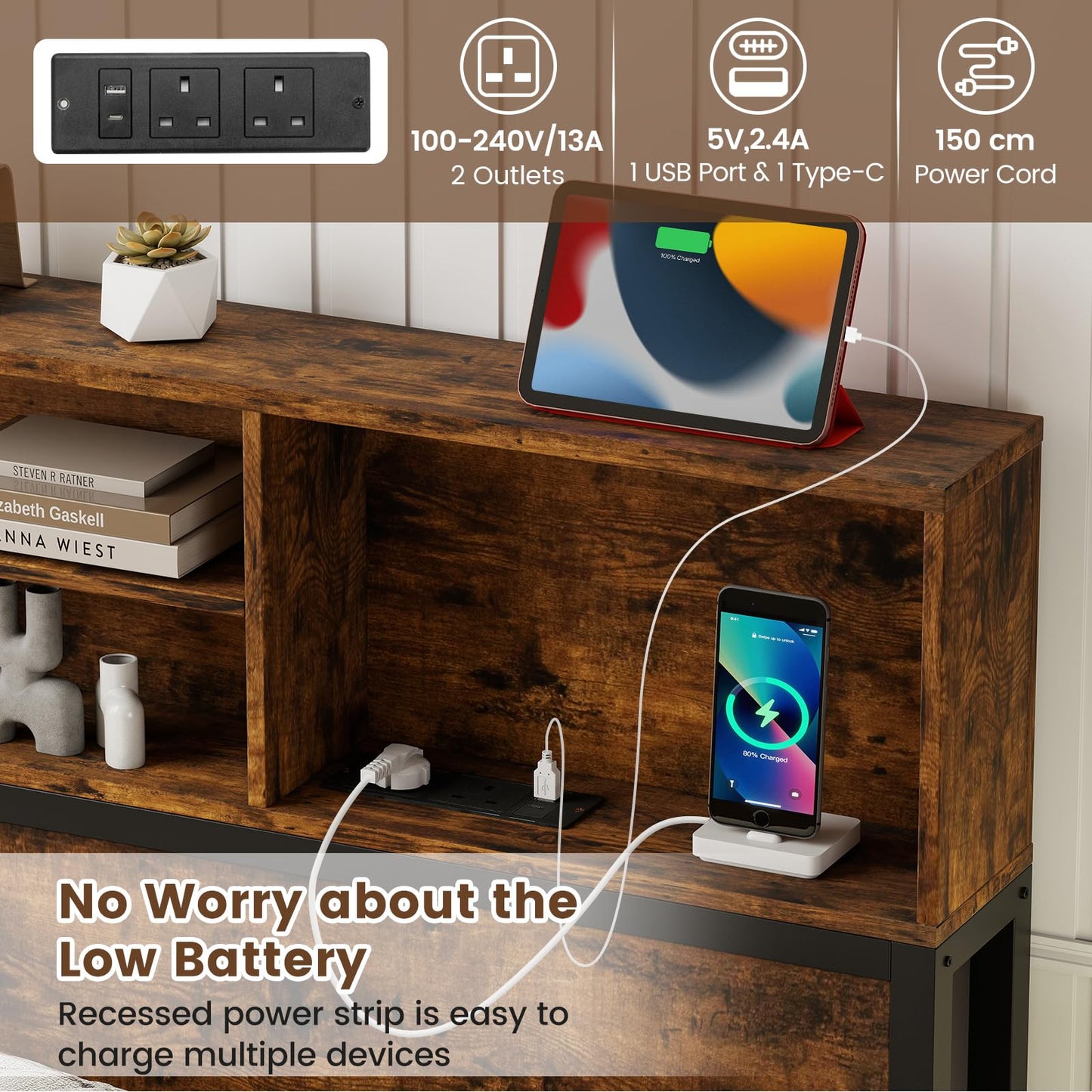 Bed Frame with Charging Station and Storage Headboard