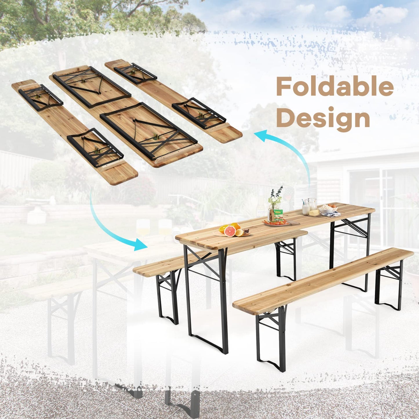 3 Pieces Folding Picnic Table and Bench Set Wooden Beer Table Set