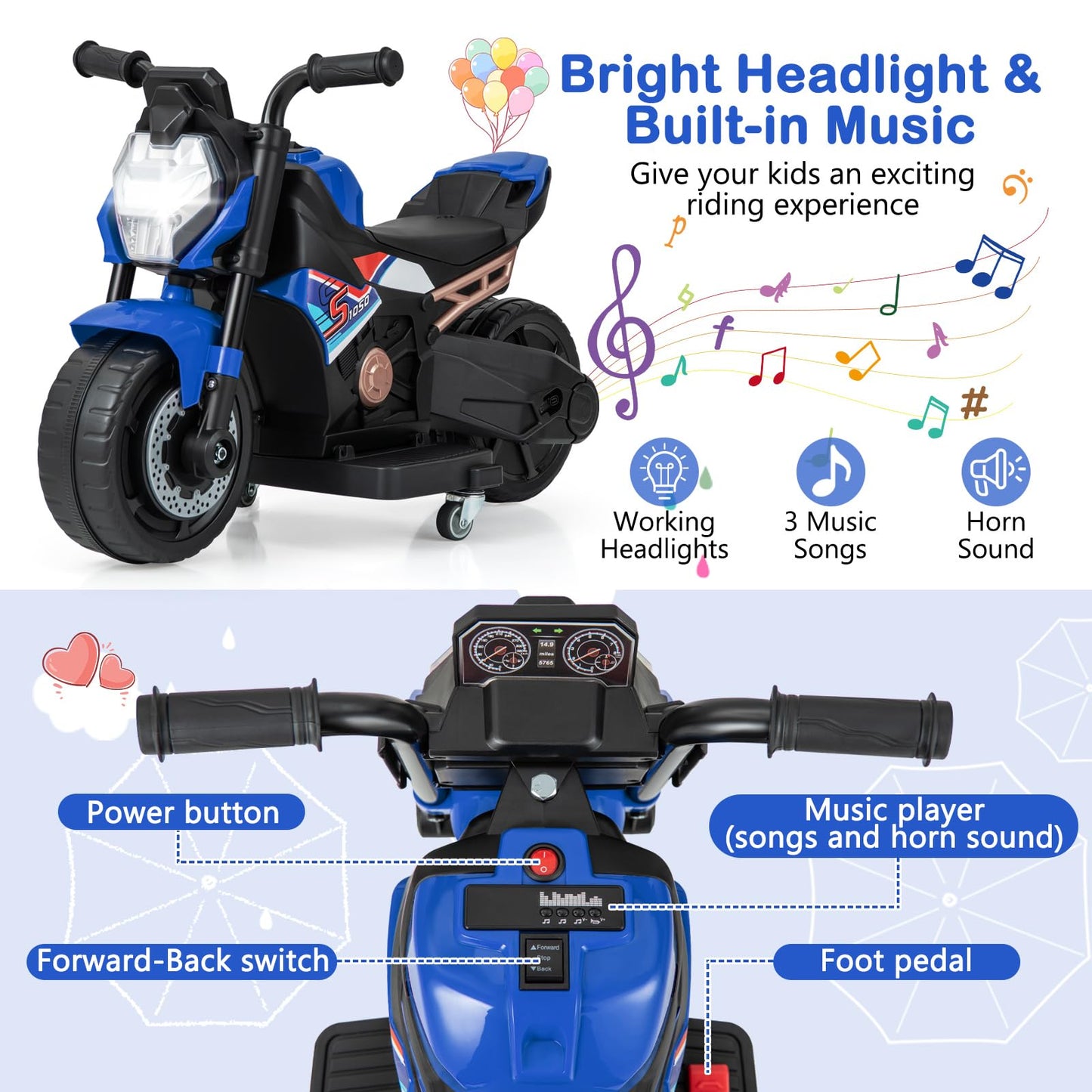 3 Wheel Toddler Ride on Motorcycle with Detachable Training Wheels