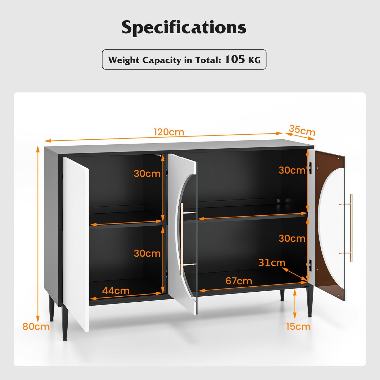 Wooden Storage Cabinet with 3 Doors for Dining Living Room
