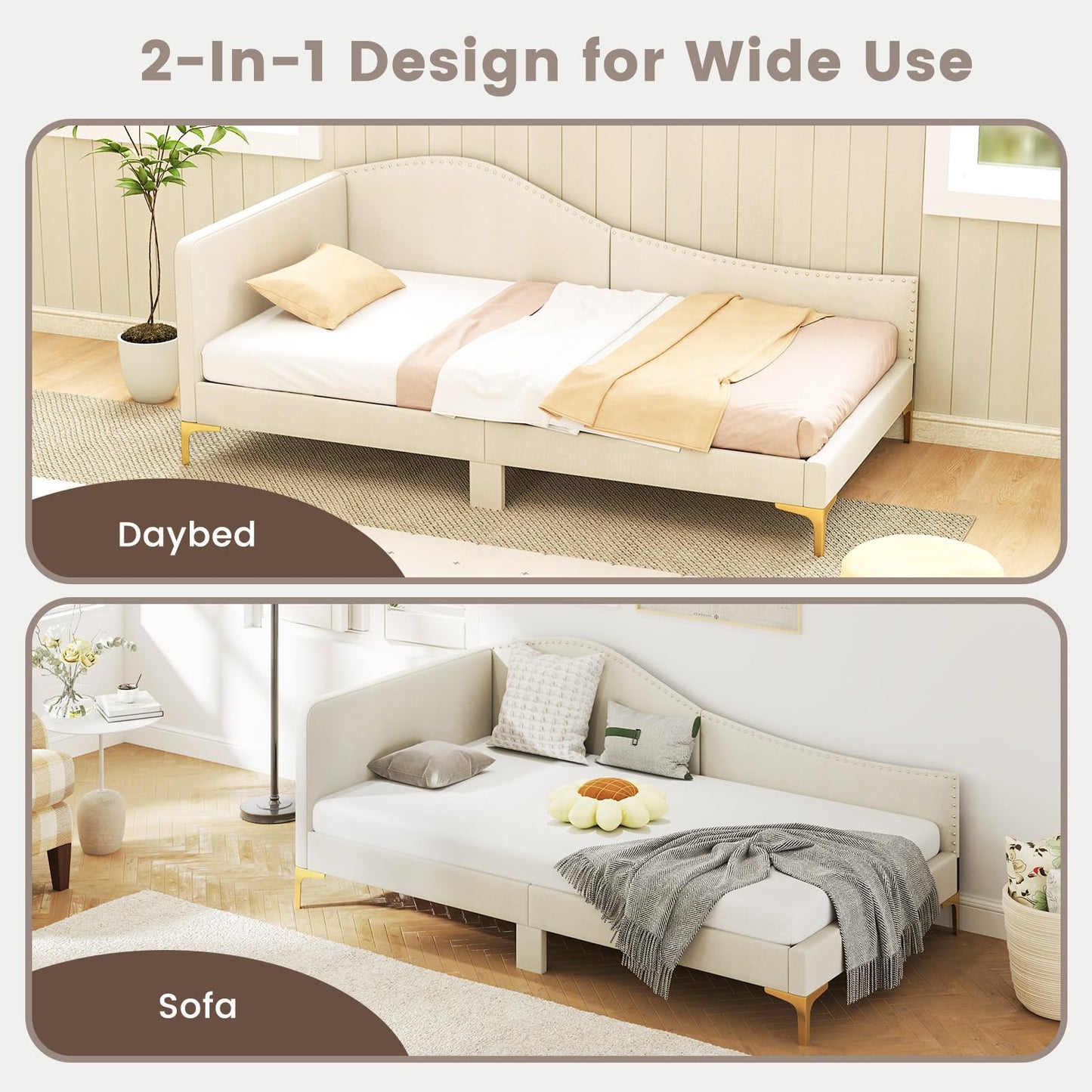 Single Size Upholstered Daybed Rivet-Tufted Platform Bed with Metal Legs
