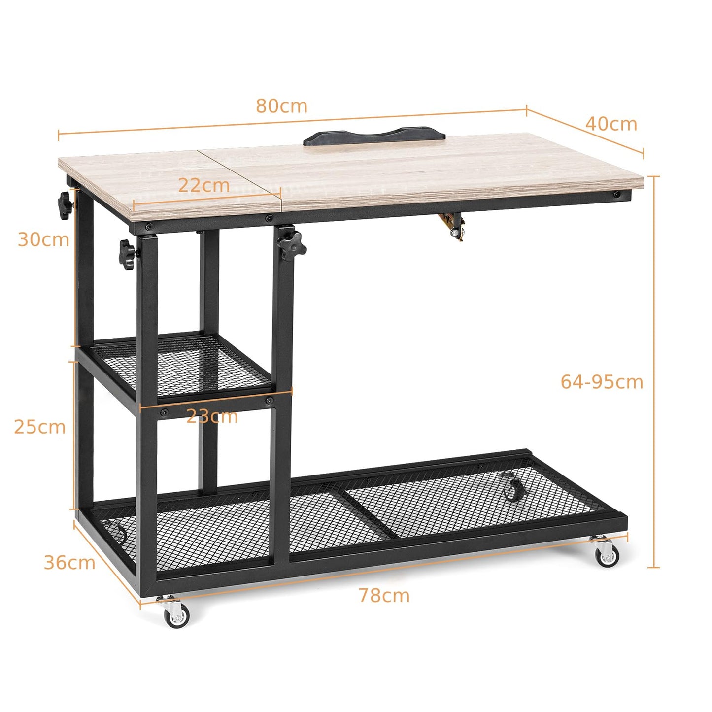 Height Adjustable Mobile Overbed Table with Wheels and Storage Shelves