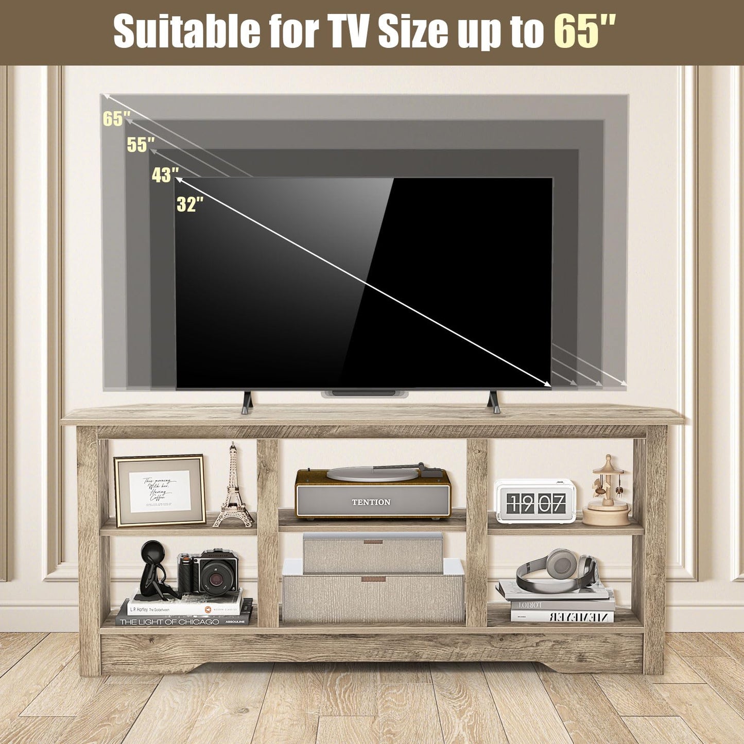 147cm TV Stand for TVs up to 65 Inches with 6 Open Storage Shelves