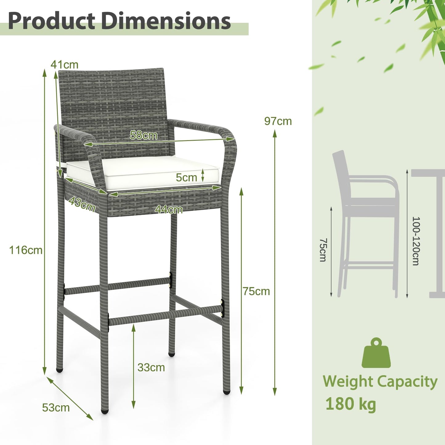 All Weather Outdoor Wicker Bar Stools Set with Soft Seat Cushions