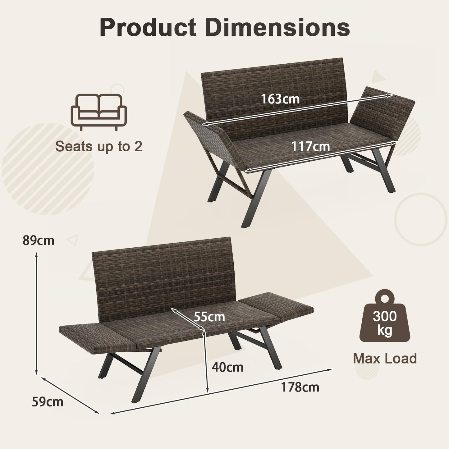 Convertible Rattan Daybed Patio Chaise Lounge Chair with Adjustable Armrests