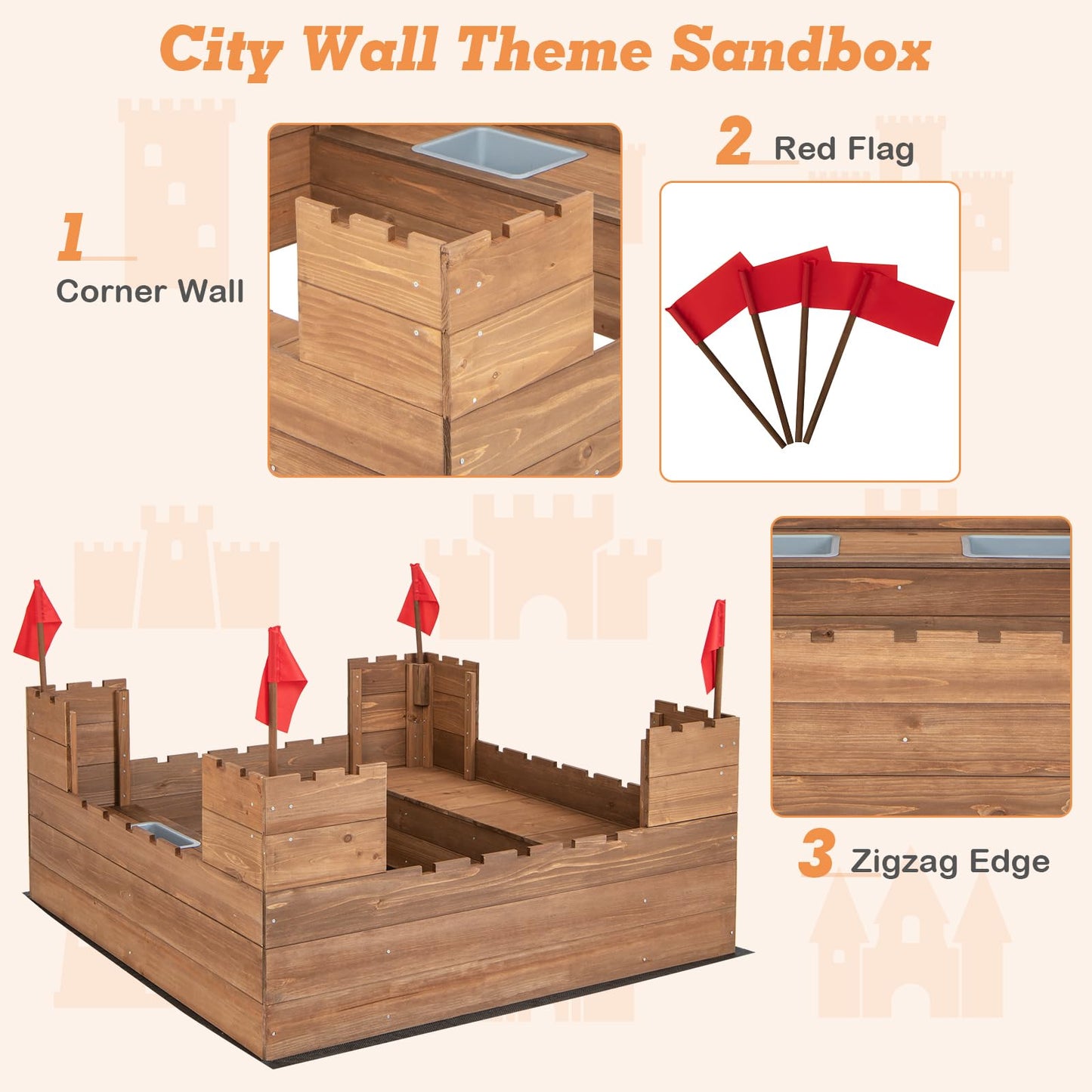 Solid Wood Kids Sandbox with 2 Bench Seats