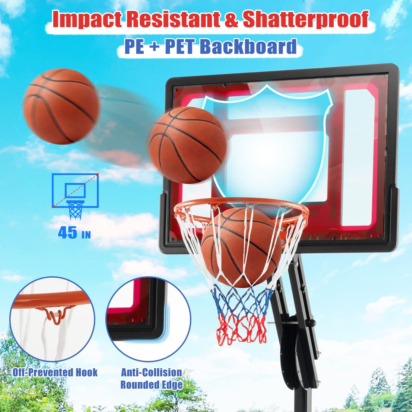 10ft Basketball Backboard Hoop Net Set with Wheels