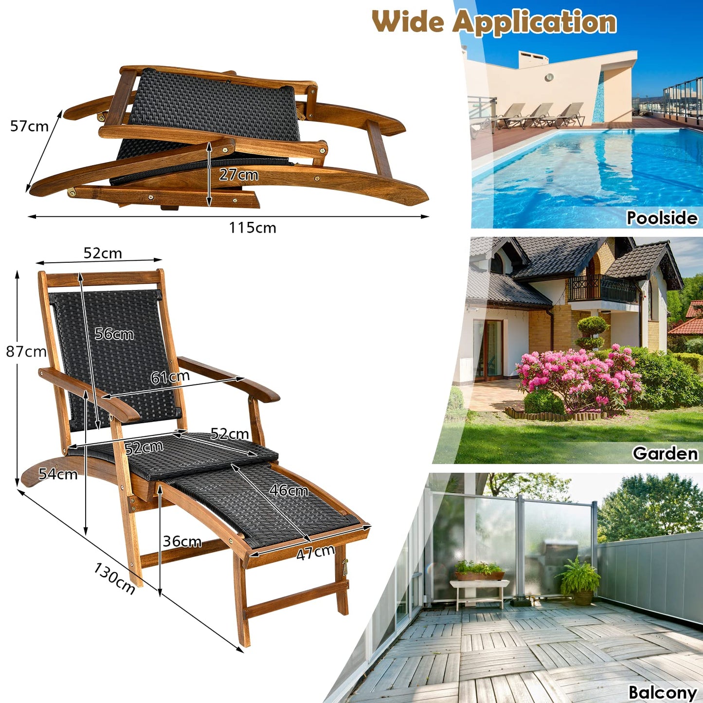 Acacia Wood Rattan Deck Chair with Retractable Footrest