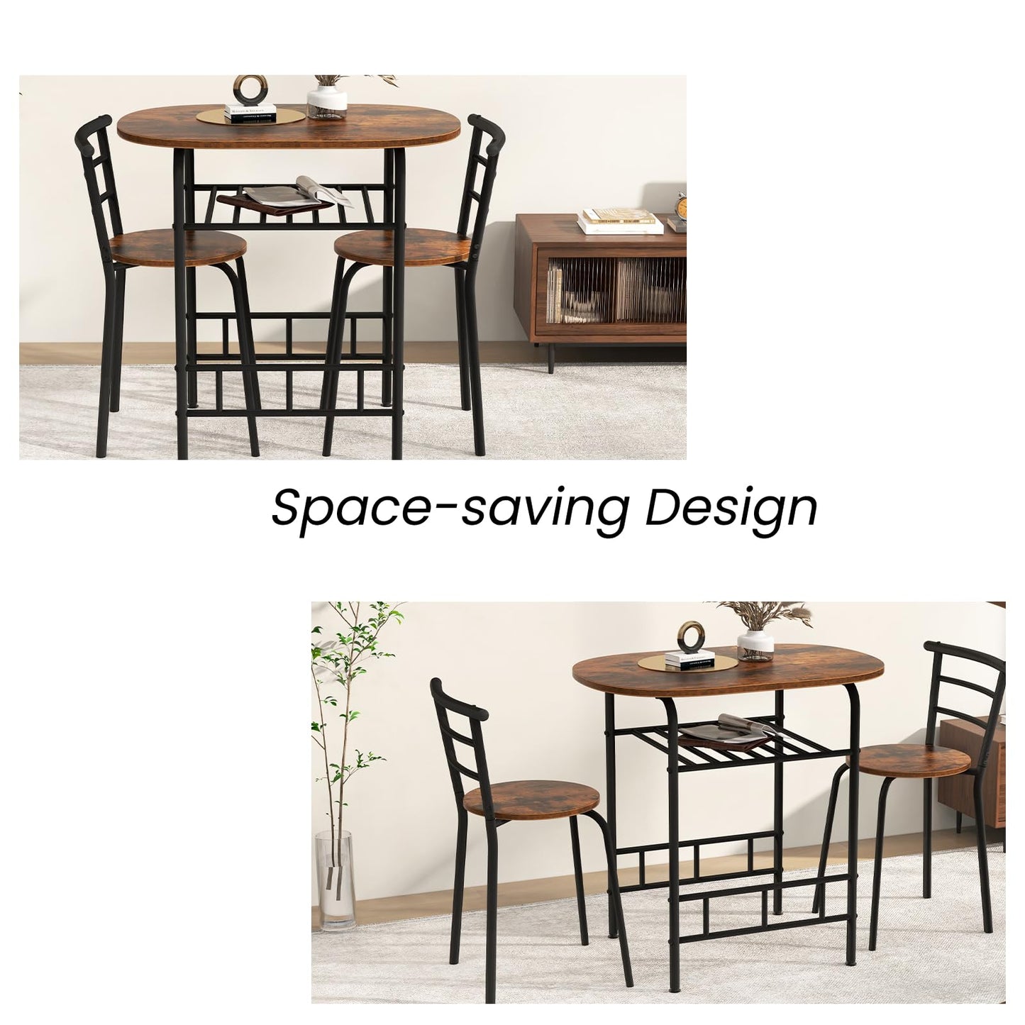 3-Piece Dining Table Set with Extra Wine Rack and Metal Frame