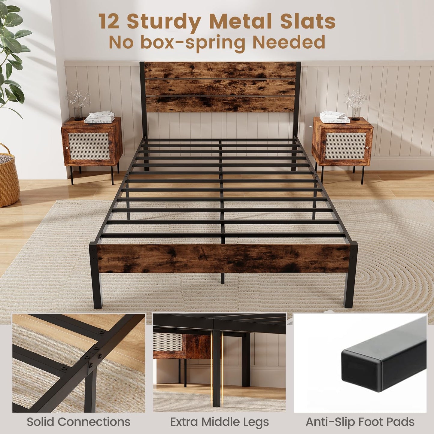 4FT6 Industrial Metal Platform Bed Frame with Wood Headboard & Underbed Storage
