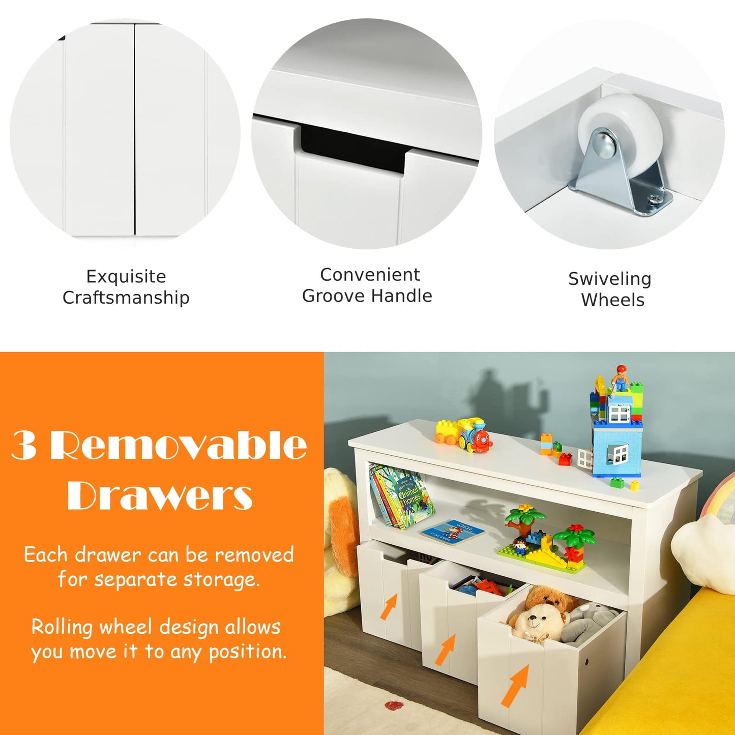 Wooden Playroom Chest with Drawers and Large Open Shelf