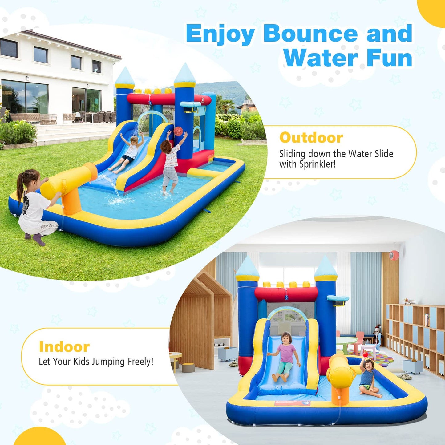 Inflatable Water Park with Basketball Hoop and Splashing Pool